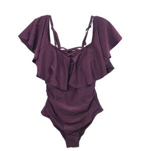 Off Shoulder Ruffle Swimsuit One Piece Plum Purple S/M